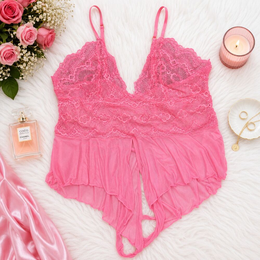Women’s Pink Lace Teddy Bodysuit One Piece Lingerie Halter Deep V Sheer (000)